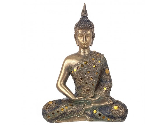 Figura de Buda sentado meditando con detalles dorados