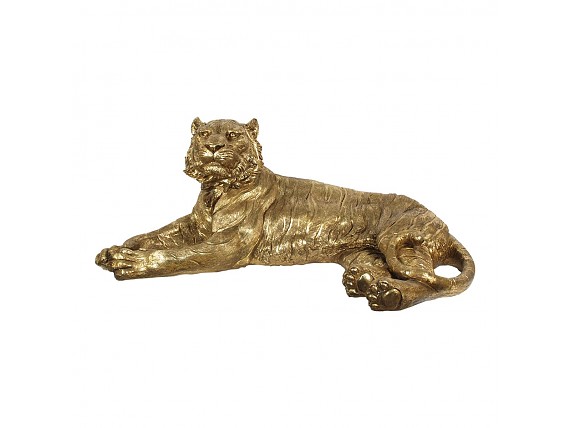 Figura decoración tigre tumbado dorado de resina