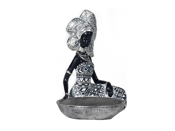 Figura decorativa africana con bandeja negro y plata