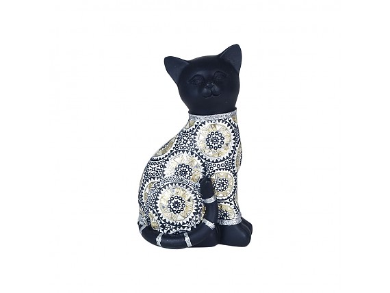 Figura de gato negro tallado con mandala
