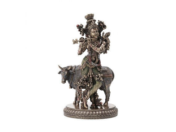 Figura Krishna y una vaca de resina