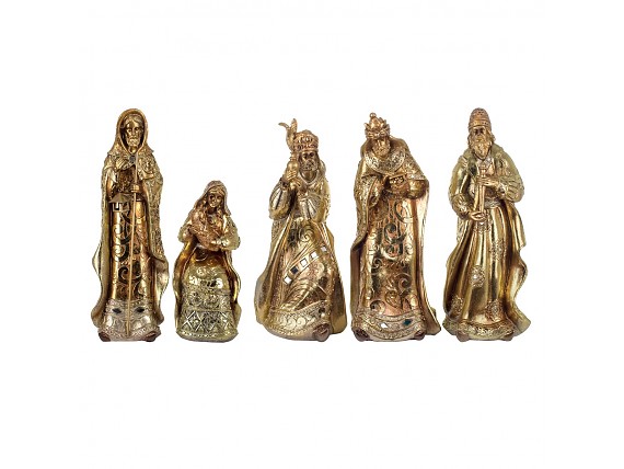 Figuras nacimiento 5 piezas de resina dorada