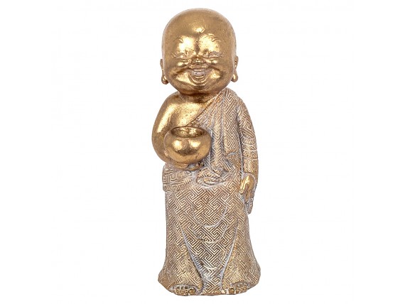 Figurita de monje budista de pie en resina dorada