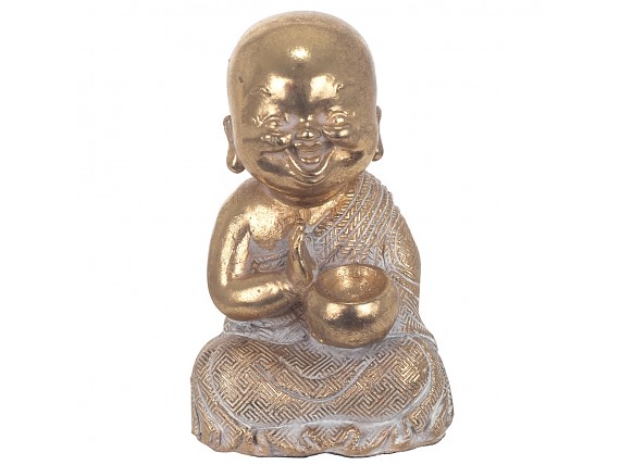 Figurita de monje budista sonriente en resina dorada