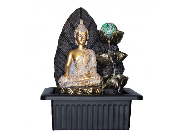 Fuente de agua zen Buda de la suerte sobre flor de loto