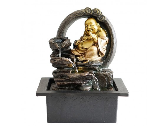 Fuente decorativa zen de Buda feliz dorado y negro