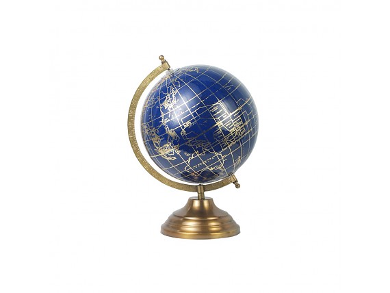 Globo del mundo mapamundi azul y dorado de metal