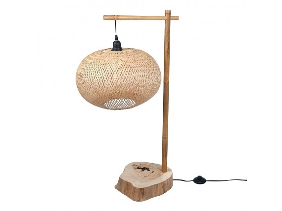 Lámpara de mesa pantalla rattán bambú y  base tronco