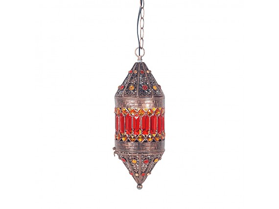 Lámpara de techo turca de metal y cristales rojo naranja