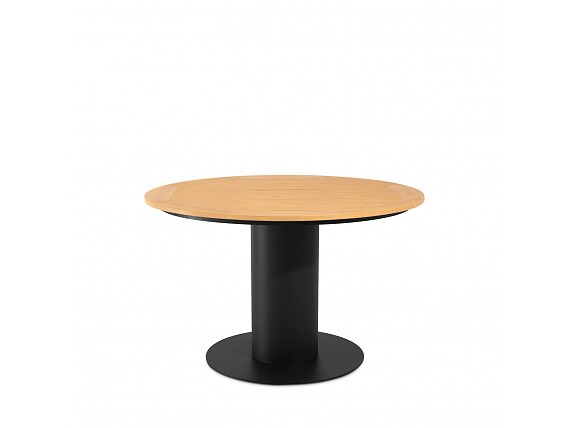 Mesa de exterior redonda de acero y madera