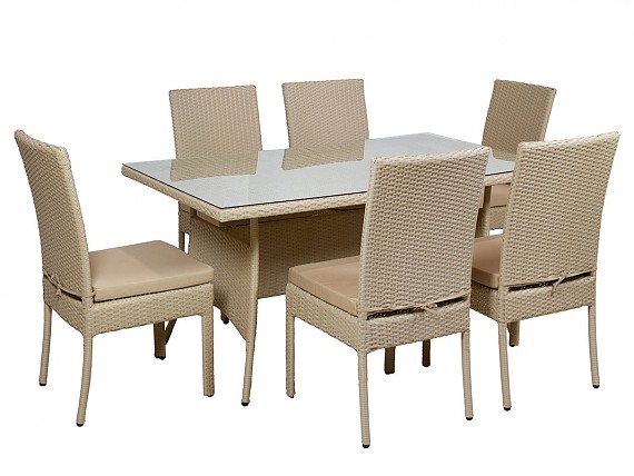 Mesa y 6 sillas de rattán sintético beige