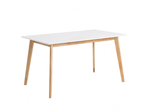 Mesa fija rectangular lacada en blanco, patas madera color natural