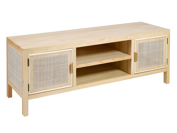 Mueble TV de rejilla y madera natural.
