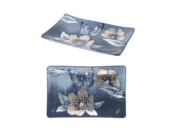 Plato decorativo de cristal azul con flores y mariposa