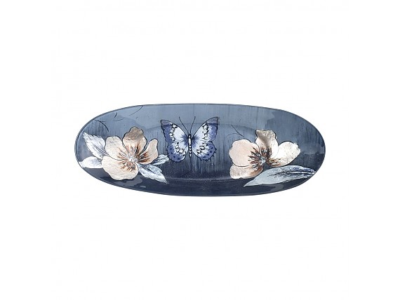 Plato ovalado de cristal azul con flores y mariposa