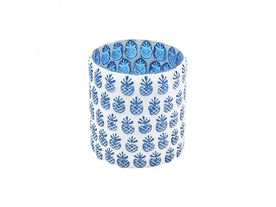 Portavelas cilíndrico de cristal piñas azul 