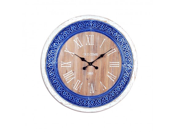 Reloj de pared grande de madera decapada blanco y azul