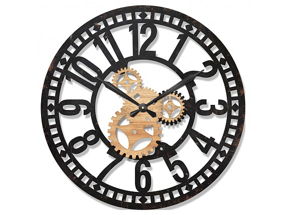 Reloj pared metálico negro con engranajes dorados