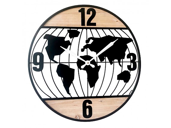 Reloj pared moderno de madera y metal mapamundi