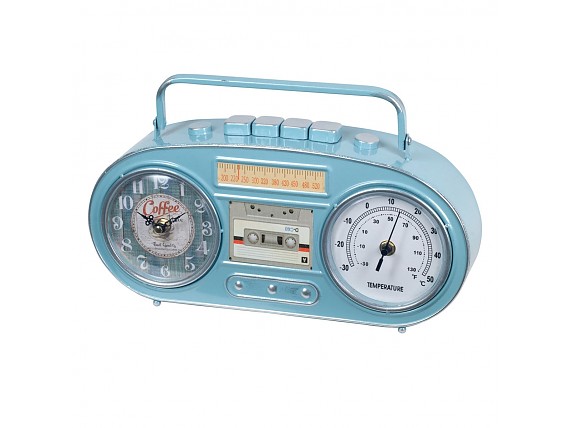Reloj termómetro de sobremesa radio-cassette azul retro