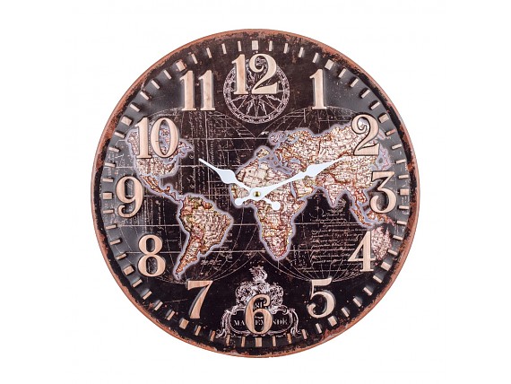 Reloj vintage mapamundi de metal con fondo oscuro