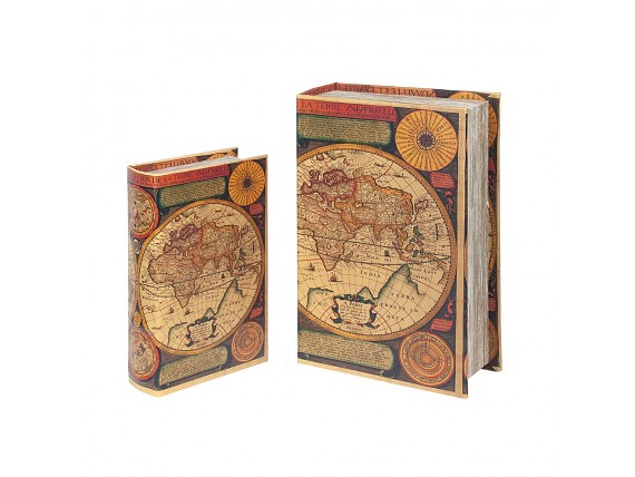 Set 2 cajas libro mapamundi textos en latín