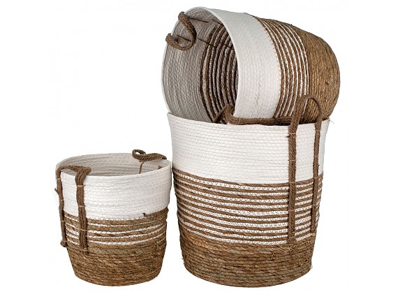 Set 3 cestas de espadaña bicolor blanco y natural