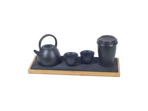 Set de té con tetera negra y vasos de cerámica a juego