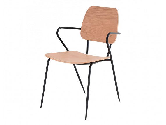 Silla estructura metal negro, respaldo y asiento madera