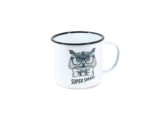 Taza metal esmaltado blanco buho