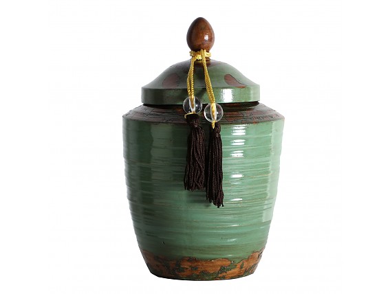 Tibor de cerámica estilo oriental en verde envejecido