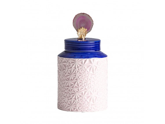 Tibor de cerámica en rosa y azul con piedra preciosa