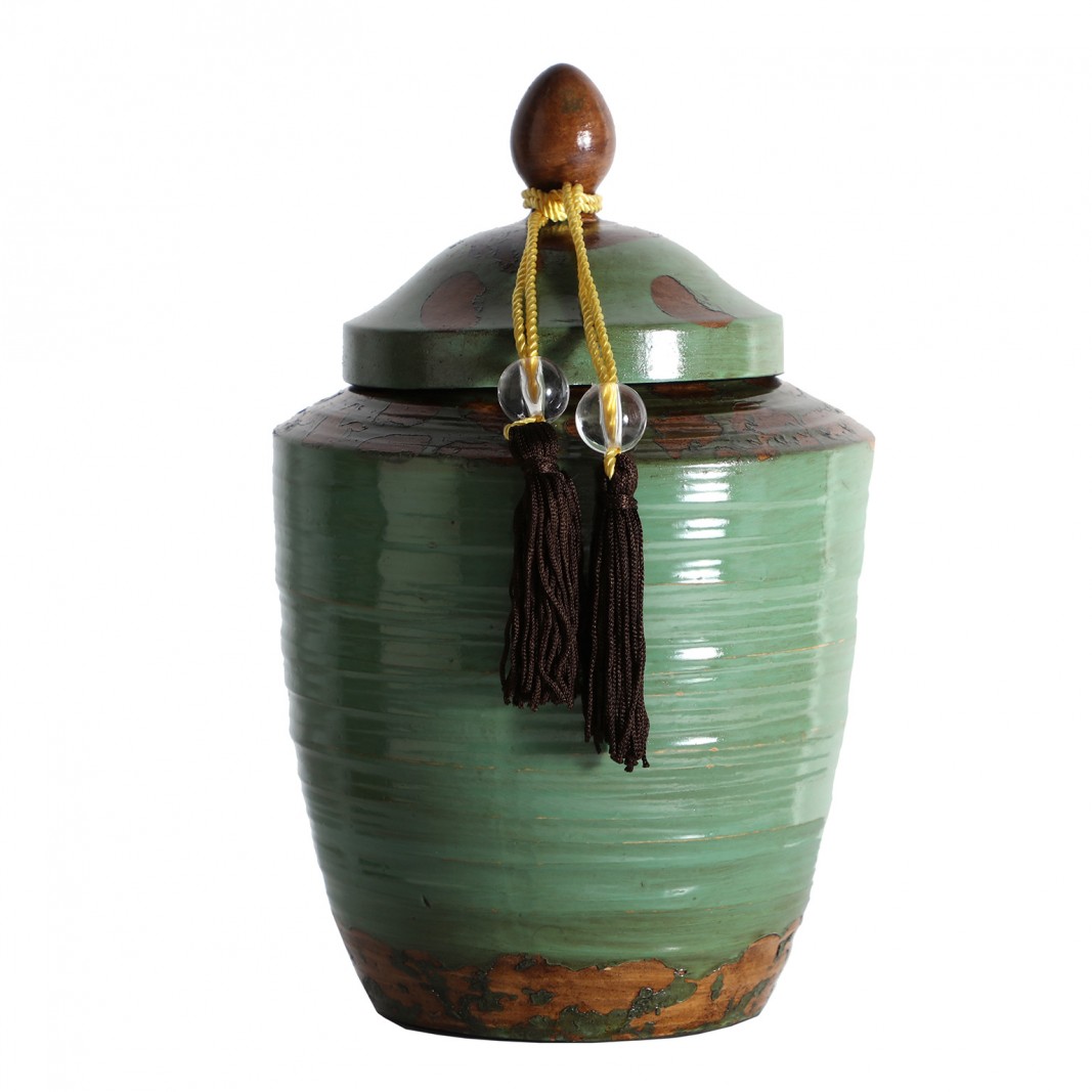 Tibor de cerámica estilo oriental en verde envejecido