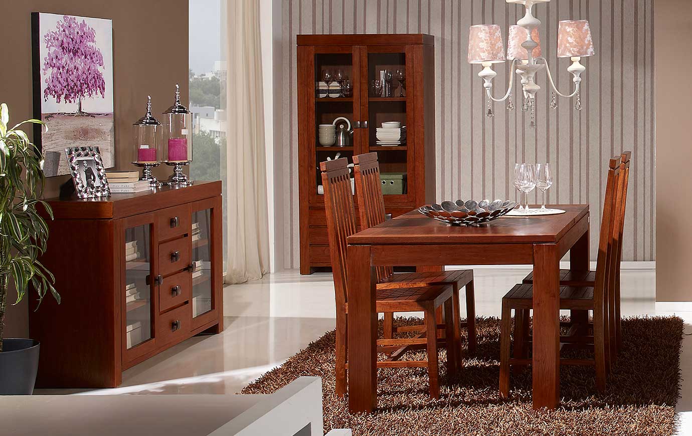 Muebles coloniales modernos de madera en color nogal - Salón comedor